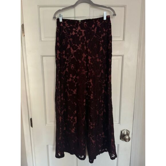 Anthropologie Feather Bone Maroon & Pink Floral Lace Wide Leg Pull On Pants XS - Picture 2 of 7